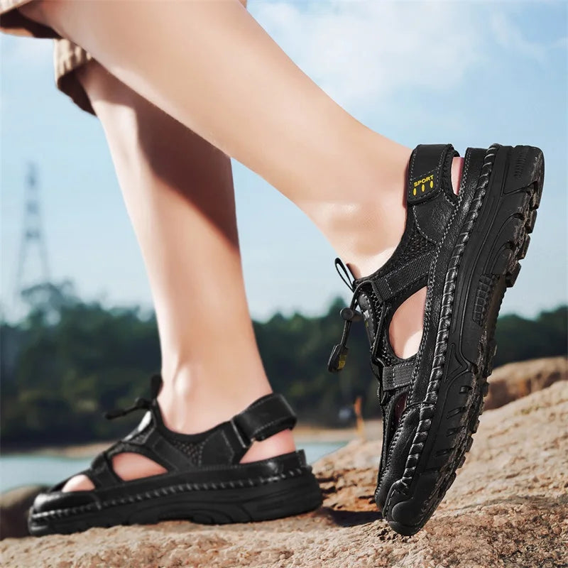 Men's Handmade Simple Letter-Print Sandals, Summer Beach Hollow Sandals, Fashionable Velcro Men's Shoes, Outdoor Hiking and River-Tracing Shoes, Comfortable, Breathable, Wear-Resistant, Non-Slip, Large Size Men's Shoes
