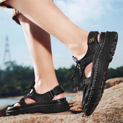 Men's Handmade Simple Letter-Print Sandals, Summer Beach Hollow Sandals, Fashionable Velcro Men's Shoes, Outdoor Hiking and River-Tracing Shoes, Comfortable, Breathable, Wear-Resistant, Non-Slip, Large Size Men's Shoes