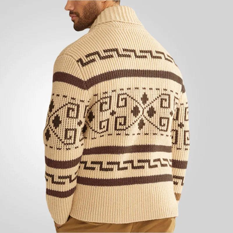 Men's Geometric Knit Cardigan Shawl Collar Full Zip-Up Tribal Print Sweater Chunky Ribbed Knit Vintage Navajo-Inspired Jacket