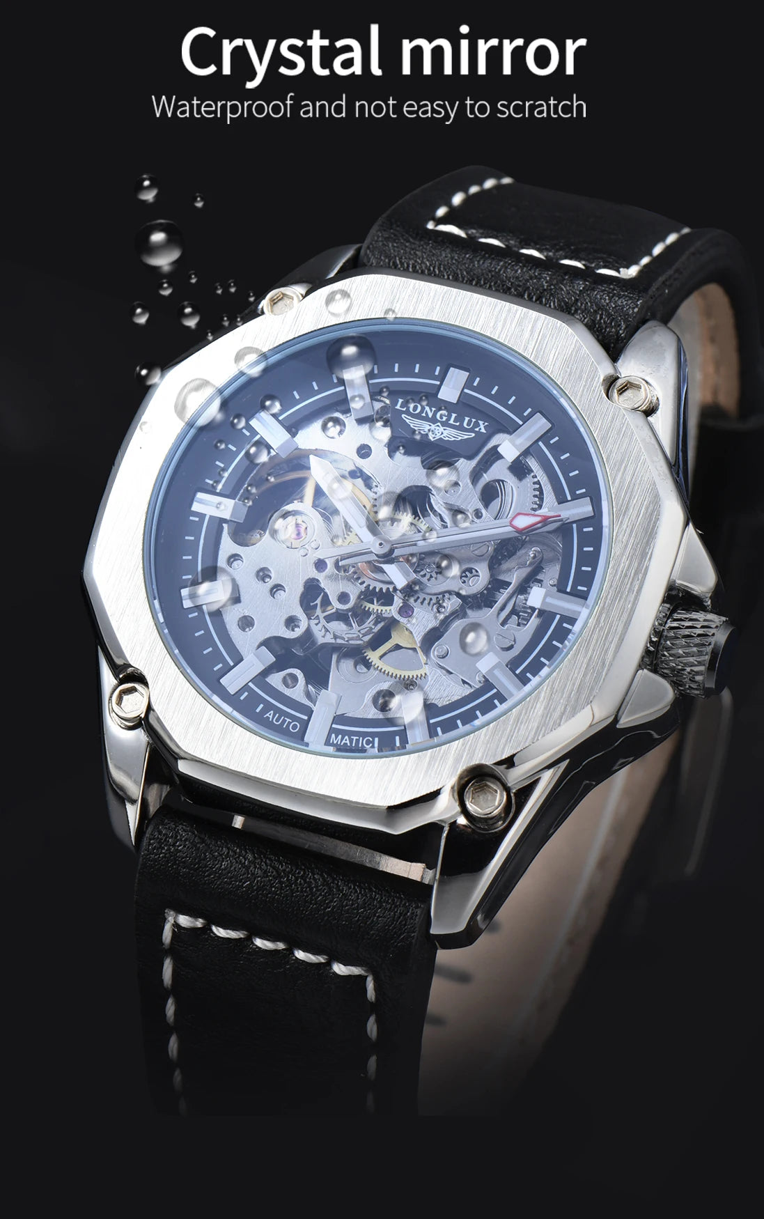 LONGLUX Automatic Watch Sport Style Wholesale Mechanical Wristwatches Fashion Hollow Leather Mens Watch Men Gift