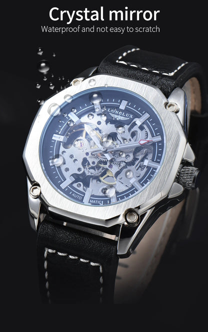 LONGLUX Automatic Watch Sport Style Wholesale Mechanical Wristwatches Fashion Hollow Leather Mens Watch Men Gift