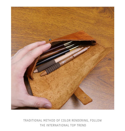 Genuine Leather Men Pencil Bag Handmade Wallet Large Capacity Retro Glasses Storage Bag Stationery Pencil Case Unisex Purses