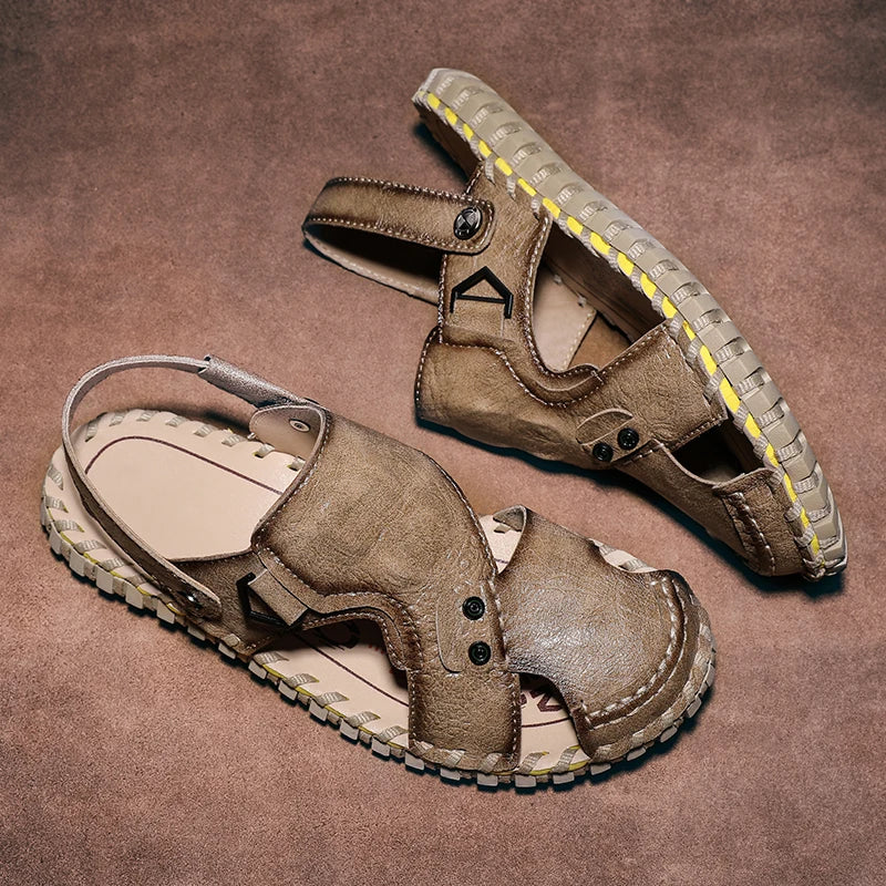 Handmade Men's Summer Sandals Genuine Leather Beach Rubber Flip Flops Classic Roman Male Sandals Outdoor Dual-Purpose Slippers