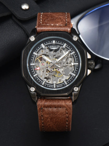 LONGLUX Automatic Watch Sport Style Wholesale Mechanical Wristwatches Fashion Hollow Leather Mens Watch Men Gift