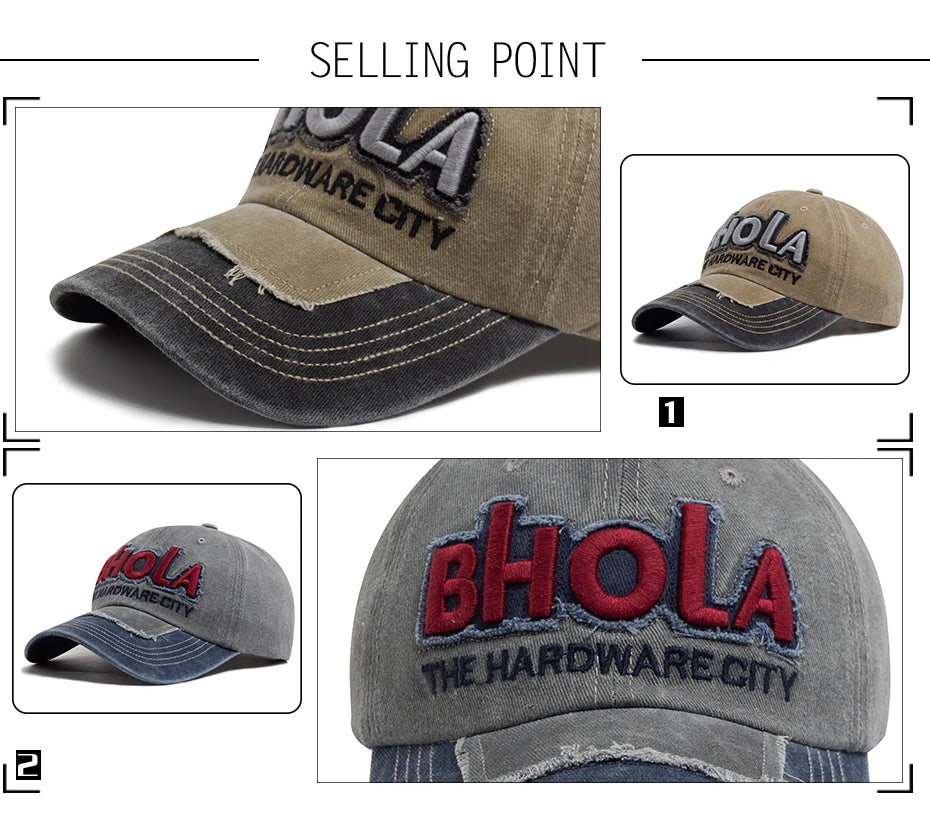 Men Women Baseball Caps BHOLA Fashion Letter Embroidery Hip Hop Cap Summer Washed Cotton Vintage Casual Sun Visor Hat Adjustable
