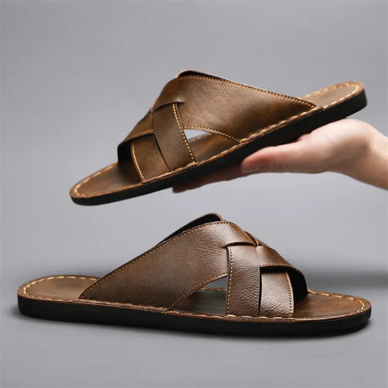 Genuine Leather Men Casual Sandals Summer Mens Slippers Outdoor Breathable Beach Shoes Comfortable Flats Men Flip Flops Size 48