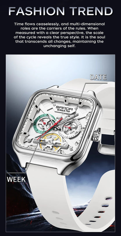 SANDA New Casual Men's Square Watches Fashion Hollow Skeleton Luminous 5ATM Waterproof Multifunction Chronograph Quartz Watch
