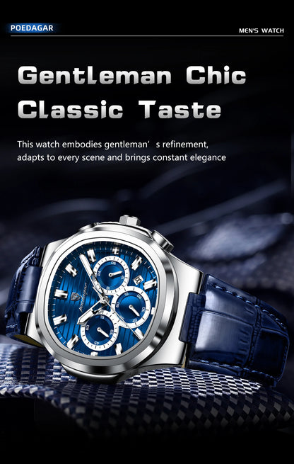 POEDAGAR Top Business Man Wristwatch Date Chronograph Waterproof Luminous Luxury Men Watch Leather Quartz Men's Watches Male+Box