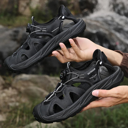 New Fashion Men's Sandals Handmade Summer Beach Shoes Male Breathable Leather Wading Aqua Shoes Outdoor Hollow Shoes Sandalias