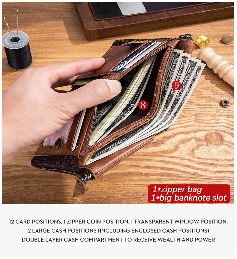 BULLCAPTAIN retro leather men's wallet leather zipper buckle short money wallet card holder coin purse RFID wallet QB06