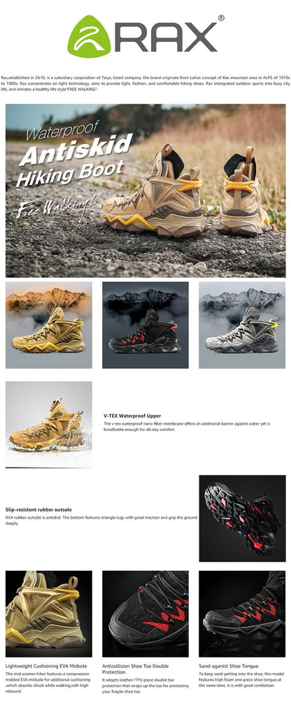 RAX Men Hiking Shoes Mid-top Waterproof Outdoor Sneaker Men Leather Trekking Boots Trail Camping Climbing Hunting Sneakers
