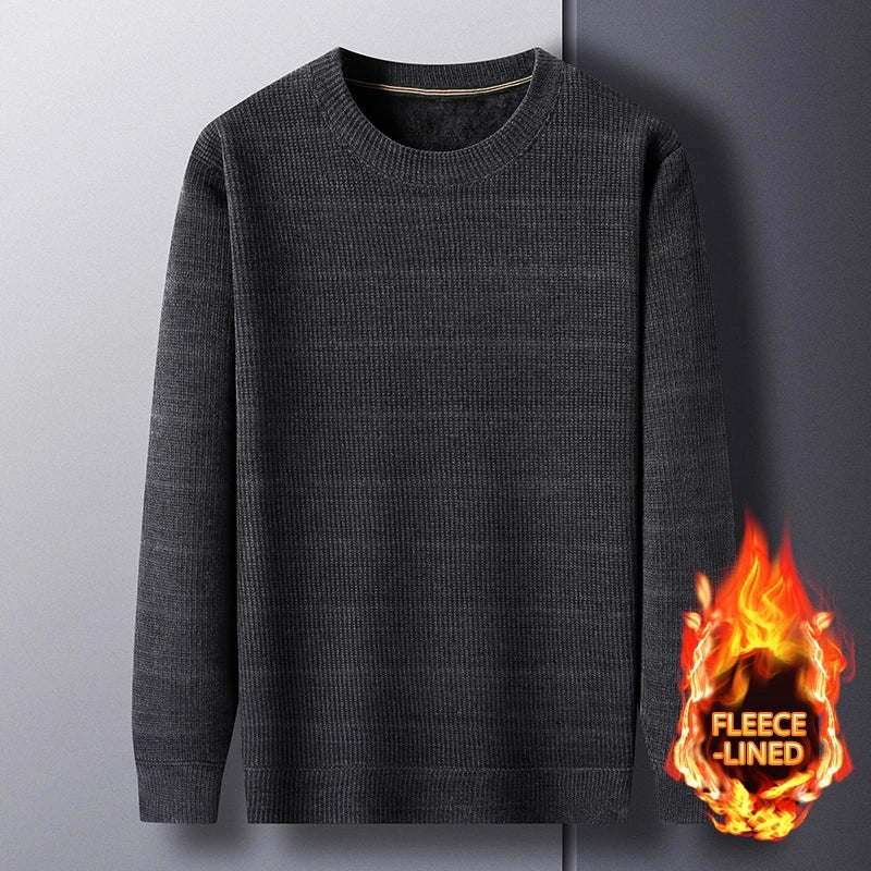 Fleece-Lined Knitted Pullover Sweater Casual Jumper for Men Insulated Warm Long Sleeve Thick Material Round Neck Design