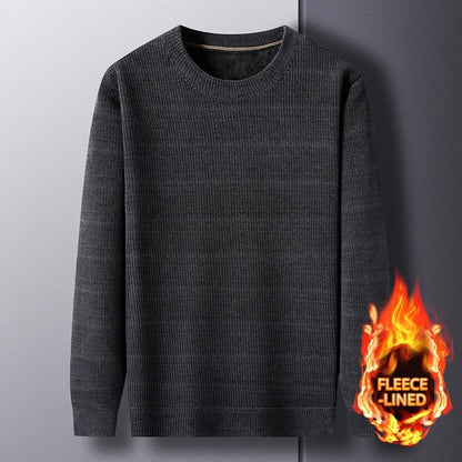 Fleece-Lined Knitted Pullover Sweater Casual Jumper for Men Insulated Warm Long Sleeve Thick Material Round Neck Design