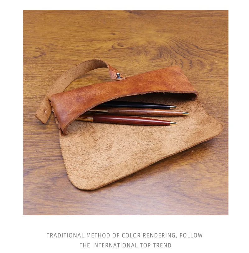 Genuine Leather Men Pencil Bag Handmade Wallet Large Capacity Retro Glasses Storage Bag Stationery Pencil Case Unisex Purses