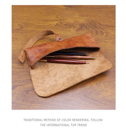 Genuine Leather Men Pencil Bag Handmade Wallet Large Capacity Retro Glasses Storage Bag Stationery Pencil Case Unisex Purses