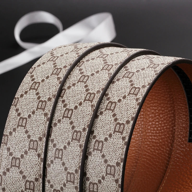 Classic B Print Leather Belt for Men - Adjustable Ratchet Buckle Dress Belt for Suits & Trousers