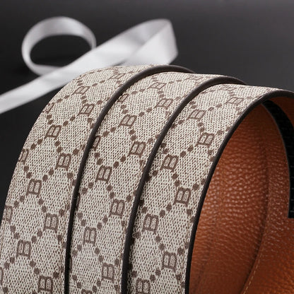 Classic B Print Leather Belt for Men - Adjustable Ratchet Buckle Dress Belt for Suits & Trousers