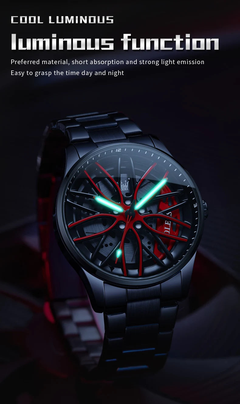 OLEVS 9937 Mens Watch Original Rotatable Wheel Hub Dial Fashion Trend Quartz Watch Waterproof Luminous Stainless Steel Reloj