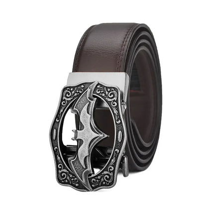 Men's Vintage Bat Pattern Genuine Leather Belt, Silver Gold Automatic Buckle, Plus Size 130 140 150 160 170cm Casual Waistband