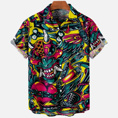 Summer New Retro Men's Shirt Devil Horror Skull Short Sleeve Shirt Collar 3D Printing