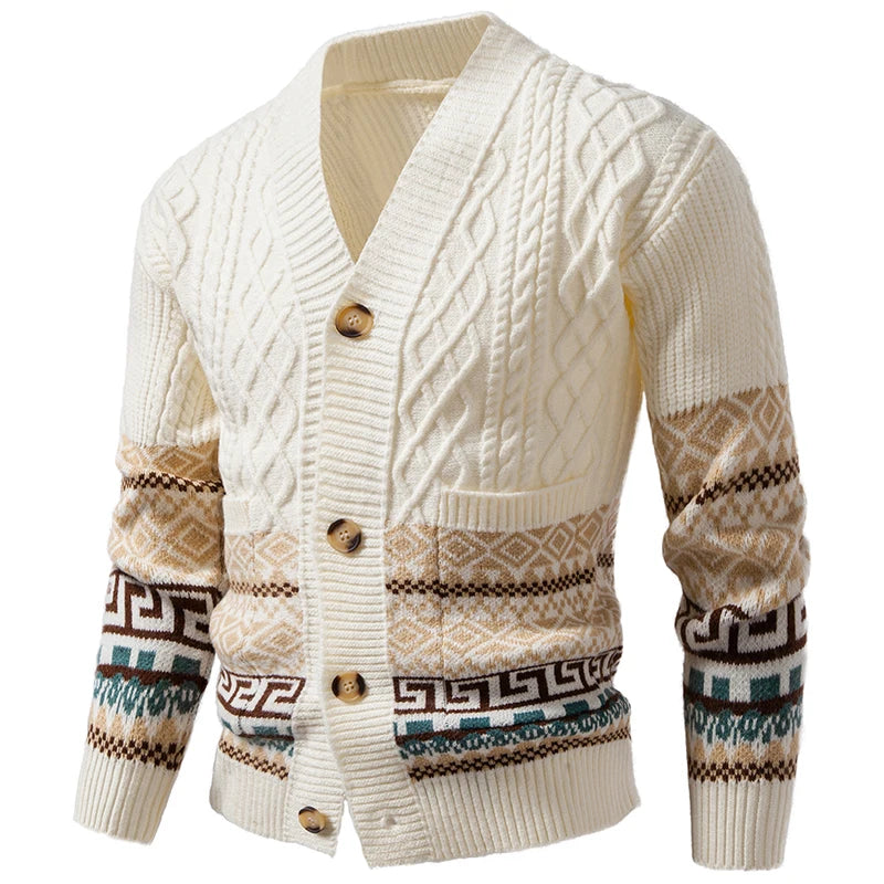 Men's Cable Knit Fair Isle Geometric Striped Cardigan V Neck Button Front Pocket Long Sleeve Sweater Autumn Winter Casual