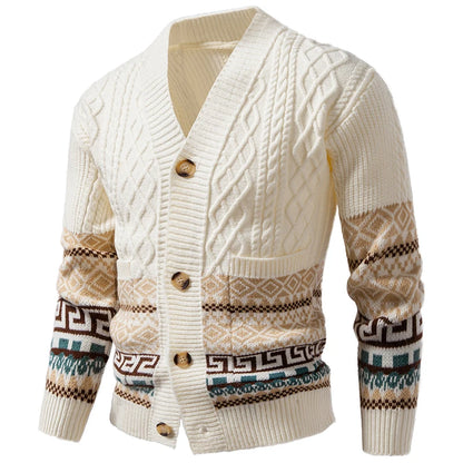 Men's Cable Knit Fair Isle Geometric Striped Cardigan V Neck Button Front Pocket Long Sleeve Sweater Autumn Winter Casual