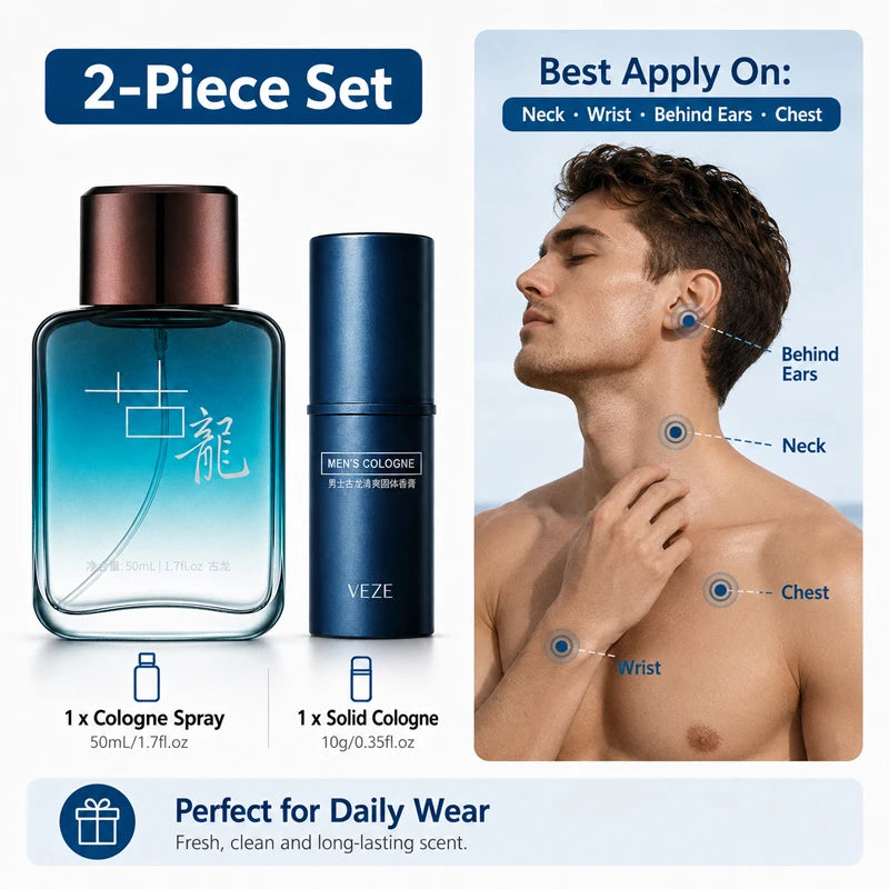 2Pcs Men Cologne Set Ocean Fresh Spray Perfume & Solid Cologne Long Lasting Portable Fragrance Gift for Him Travel Daily