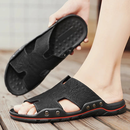 Summer Men Slippers Genuine Leather Breathable Clogs Sandals Beach Classics Leather Slides Outdoor Flip Flops Plus Size Men Shoe