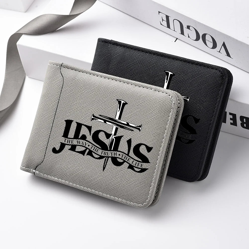 Men's Leather Simple Double-sided Wallet, Short Style, Casual Jesus Pattern, Thin Card Case, Men's Money Clip