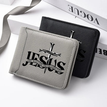 Men's Leather Simple Double-sided Wallet, Short Style, Casual Jesus Pattern, Thin Card Case, Men's Money Clip
