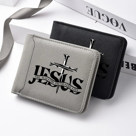 Men's Leather Simple Double-sided Wallet, Short Style, Casual Jesus Pattern, Thin Card Case, Men's Money Clip