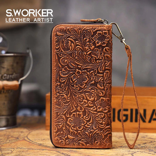 S.WORKER Vintage Crazy Horse Leather Wallet Handmade Men's Genuine Leather Long Wallet Purse Clutch For Phone& Cash& Card Holder