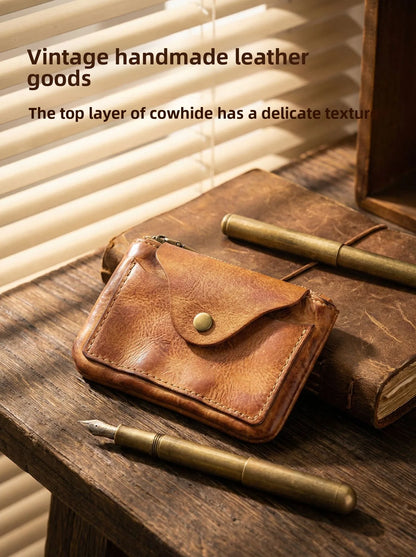 New Slim Short Men's Wallet Vintage Genuine Leather Card Holder Zipper Male Coin Purses High Quality Snap Men Money Clips