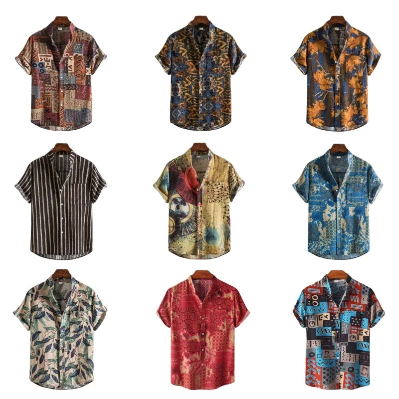2026 Summer Shirt Men's Retro American Design Printed Pattern Personalized Loose Shirt