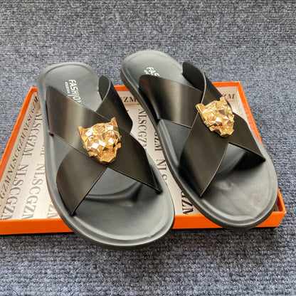 genuine leather slippers men original summer fashion Man slippers outdoor slides size 38-48 new brand designer shoes for man