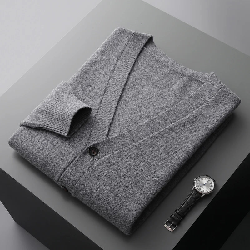 100% Pure Wool Sweater Autumn Winter New Men's Cardigan V-Neck Buckle Jacket Loose Casual Cashmere Knitted Sweater Long Sleeveds