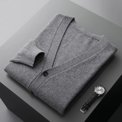 100% Pure Wool Sweater Autumn Winter New Men's Cardigan V-Neck Buckle Jacket Loose Casual Cashmere Knitted Sweater Long Sleeveds