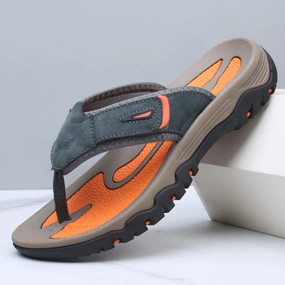 Men Sport Thong Slippers Genuine Leather Upper Adjustable Hook Loop Shock Absorb Anti Slip MD Sole Daily Beach Casual Flip Flops