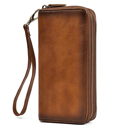 Luufan Vintage Crazy Horse Leather Men Women Long Purse Wallet Credit Card Double Zip Wallets Long Wallet Male Clutch Purse