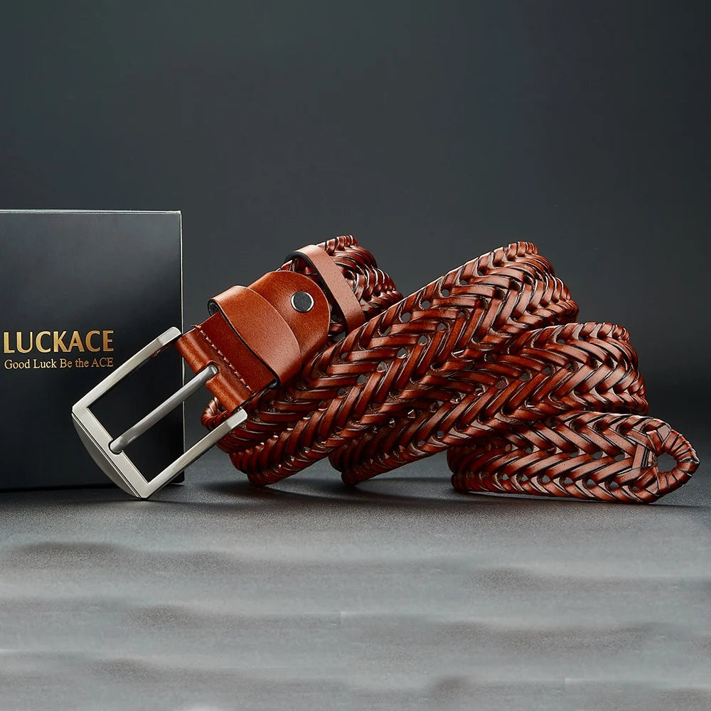 LUCKACE Genuine Leather Casual Men's Belt Trendy Golf Belts Knitted Belt With Alloy Buckle Best Gift Choice for Boyfriend/Husban