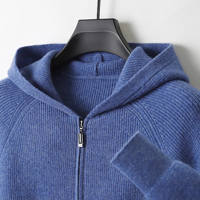 Men 100% Merino Wool Sweater Hooded Zipper Cardigan Autumn Winter Thickened Knit Large-size Jacket Long Sleeved Sportswear Coat