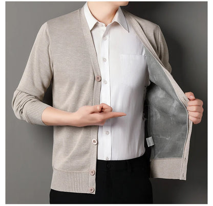 Mens Autumn Clothes Fleece Cardigan Jacket Knitted Sweater Outwear V-neck Fashion Cardigans Warm Men's Top