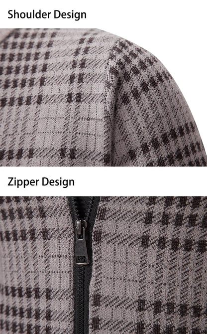 Mens Sweaters Jacket Full Zip Fleeced Sweater Cardigan Plaid Stand Collar Sweaters Coat Autumn Winter Homme Clothes