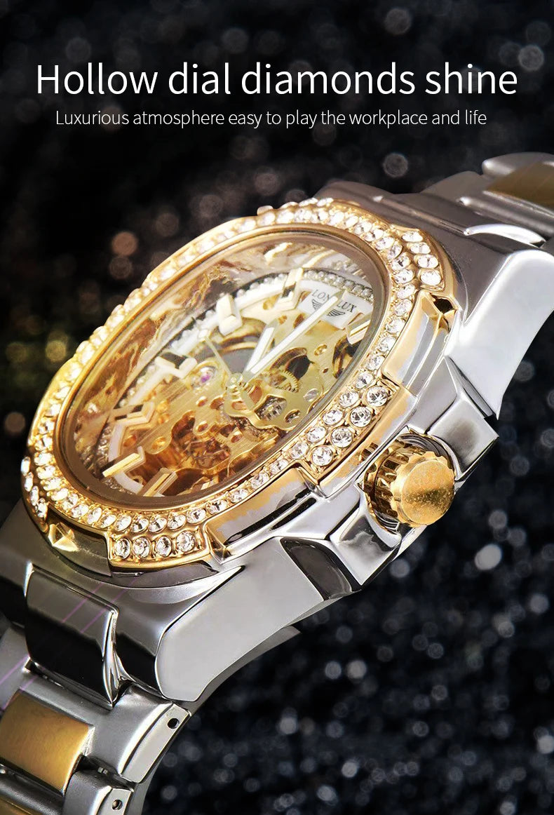 LONGLUX Automatic Man Watch Luxury Stainless Steel Wholesale Mechanical Wristwatches Skeleton Waterproof Diamond Watch Man Watch