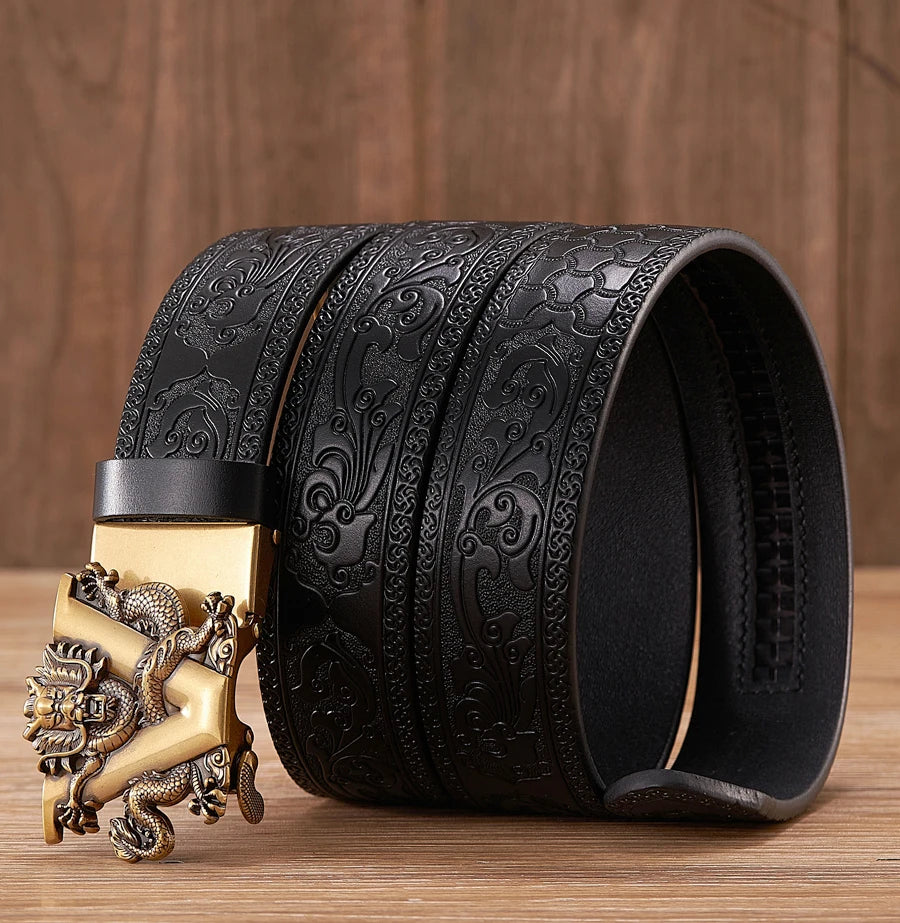 3.5cm Fashion Embossing Retro Male Belts for Men Business Split Leather Belt Dragon Pattern Automatic Buckle Strap