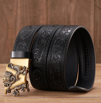 3.5cm Fashion Embossing Retro Male Belts for Men Business Split Leather Belt Dragon Pattern Automatic Buckle Strap