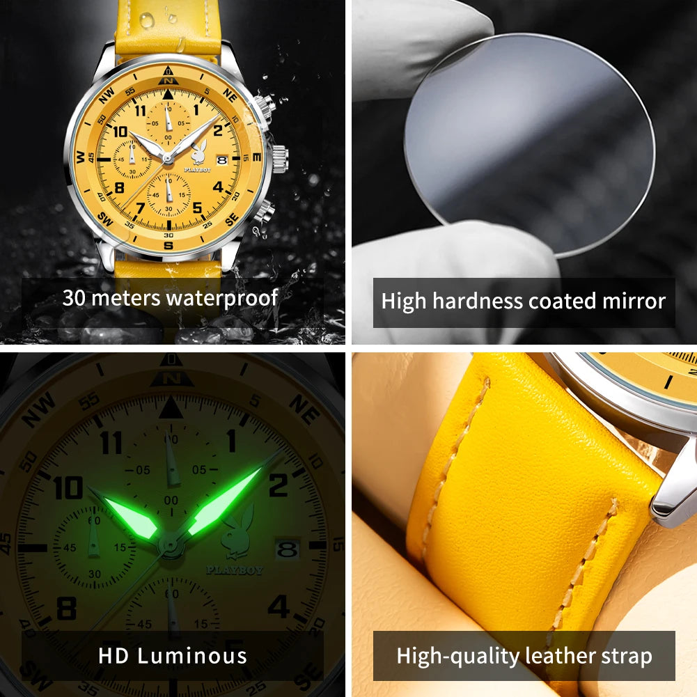 PLAYBOY Luxury Quartz Men's Watches Fashion Casual Leather Strap Sports Chronograph Wristwatch Original Waterproof Watches 3303