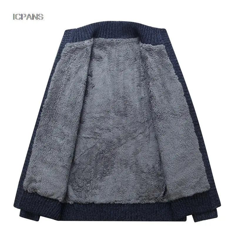 Wool Liner Argyle Jumper  Jacken Korea Khaki Black Fleece Thicken Warm Winter Zipper Sweater Men Cardigan Knitted Clothing