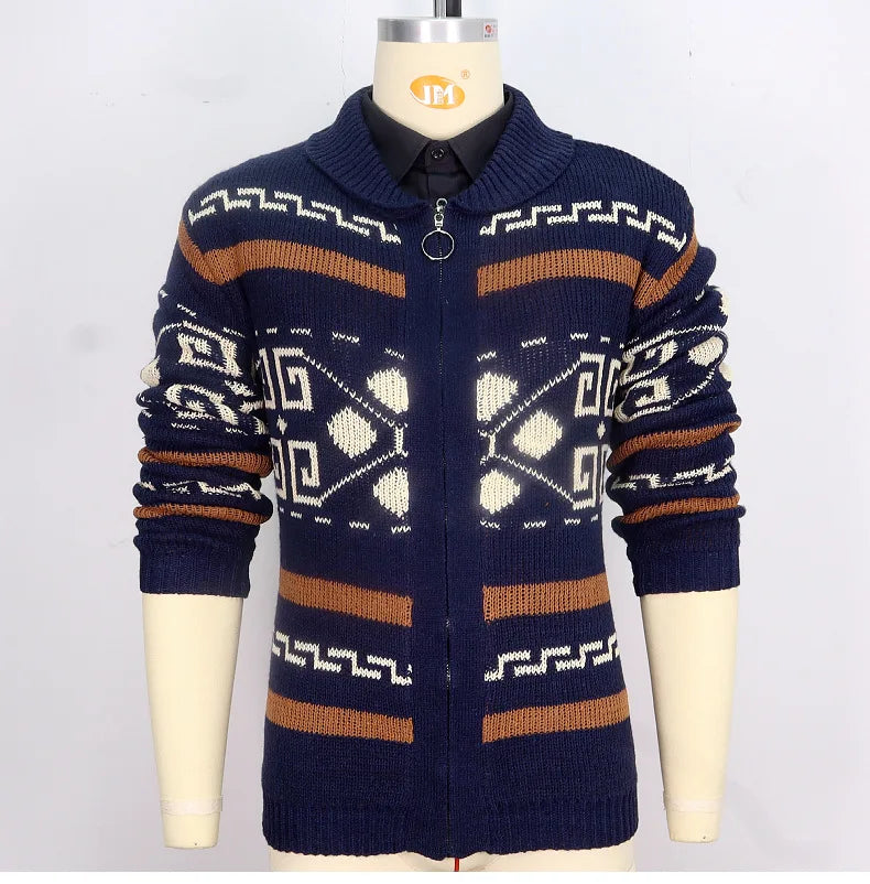 Men's Geometric Knit Cardigan Shawl Collar Full Zip-Up Tribal Print Sweater Chunky Ribbed Knit Vintage Navajo-Inspired Jacket