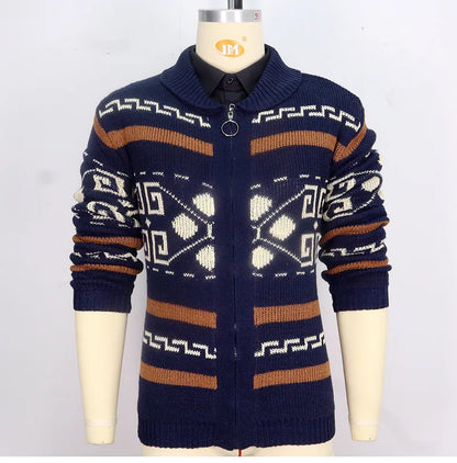 Men's Geometric Knit Cardigan Shawl Collar Full Zip-Up Tribal Print Sweater Chunky Ribbed Knit Vintage Navajo-Inspired Jacket